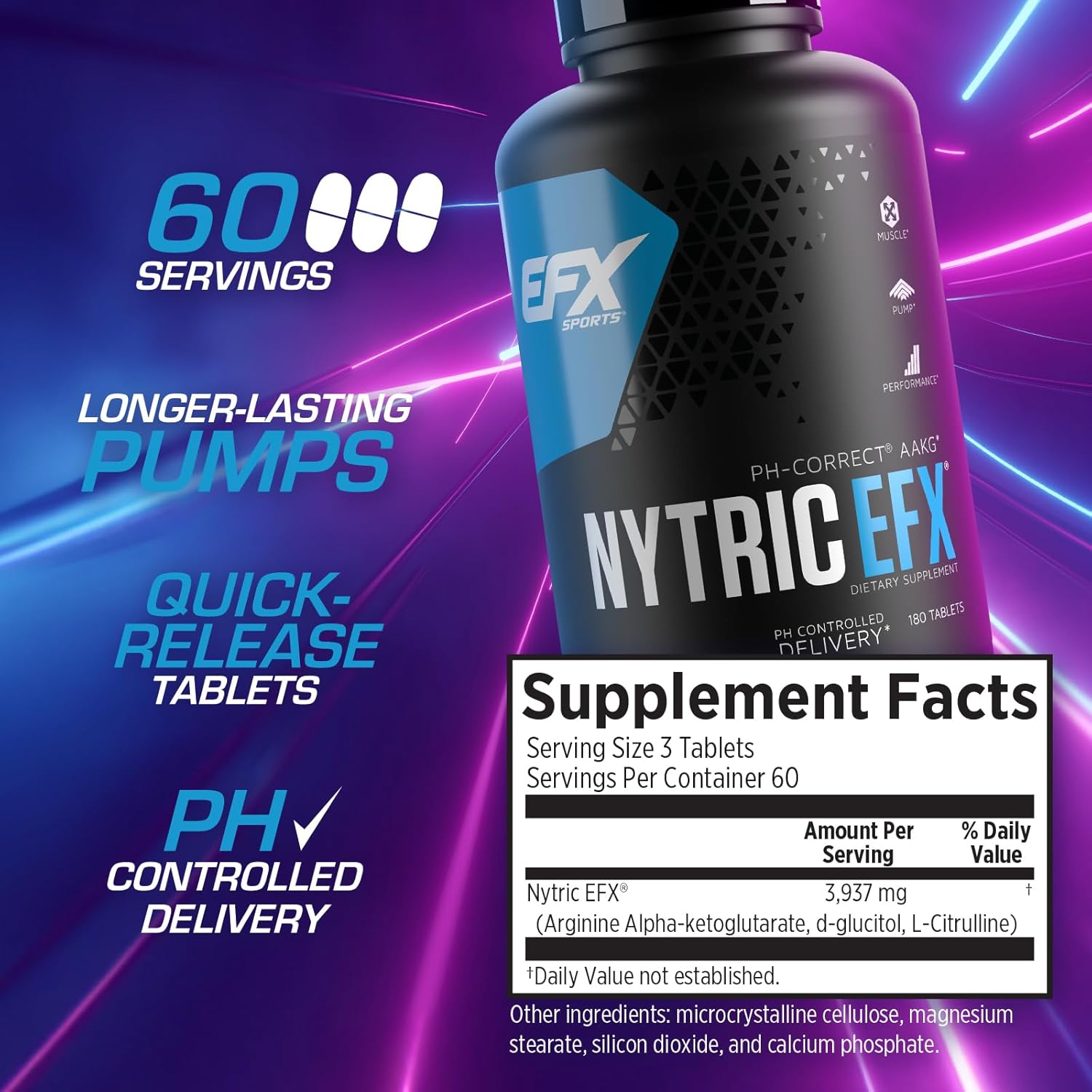 Nytric EFX Pre-Workout Pills | pH Balanced AAKG Arginine & Citrulline | Enhanced Muscle Pumps | 60 Servings, 180 Tablets