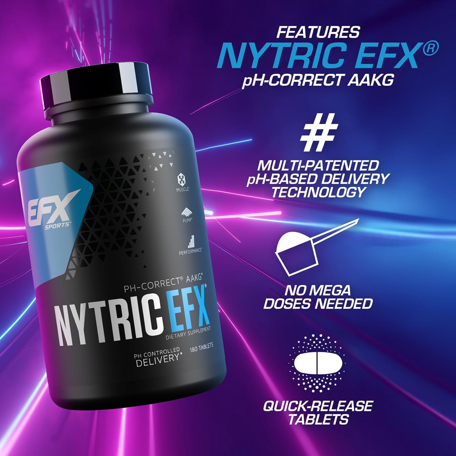 Nytric EFX Pre-Workout Pills | pH Balanced AAKG Arginine & Citrulline | Enhanced Muscle Pumps | 60 Servings, 180 Tablets