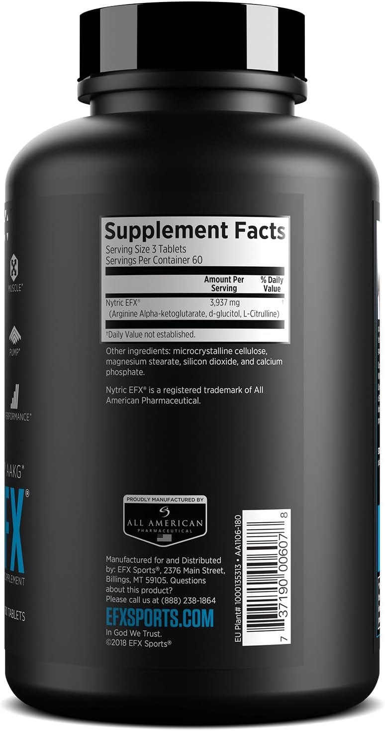 Nytric EFX Pre-Workout Pills | pH Balanced AAKG Arginine & Citrulline | Enhanced Muscle Pumps | 60 Servings, 180 Tablets