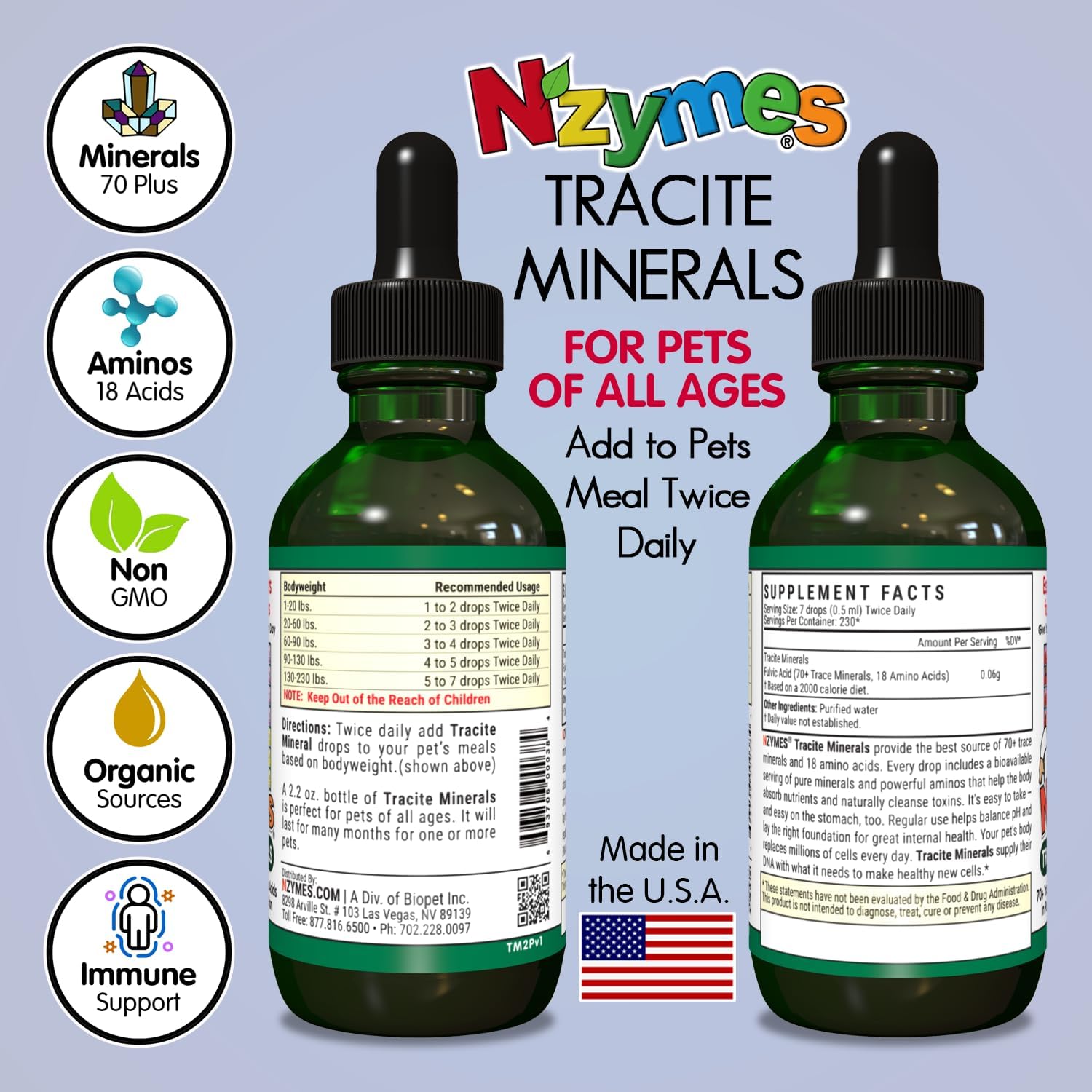 Nzymes® Tracite Mineral Drops for Pets - Fulvic & Humic Acid, Iron Trace Minerals, Amino Acids for Energy & Health - USA Made