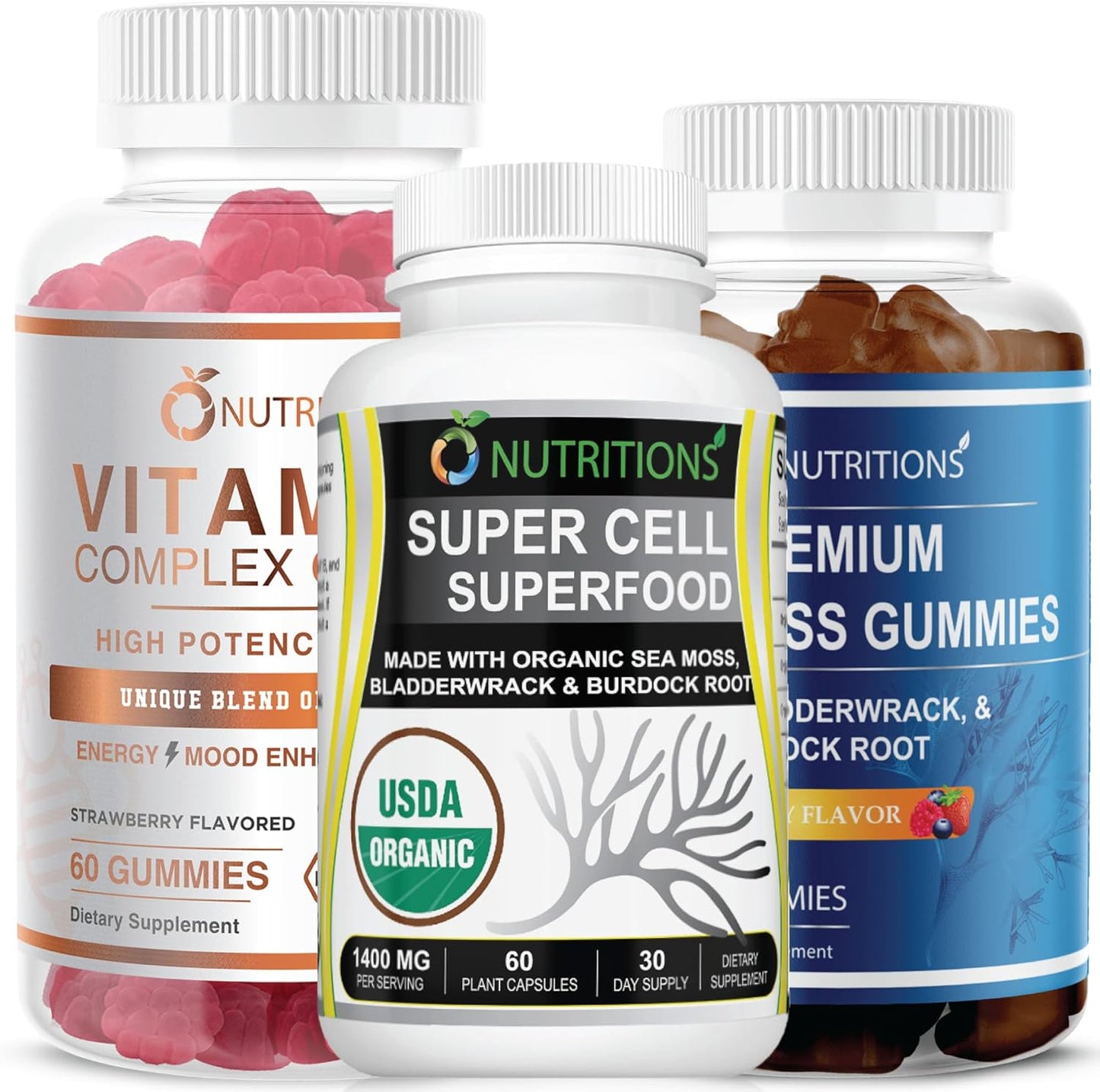 O NUTRITIONS Health Trio: Vitamin B Complex Gummies, Sea Moss Gummies, & Super Cell Capsules