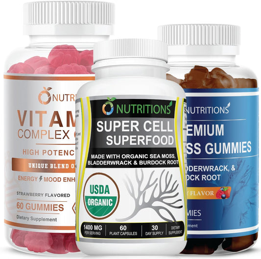 O NUTRITIONS Health Trio: Vitamin B Complex Gummies, Sea Moss Gummies, & Super Cell Capsules