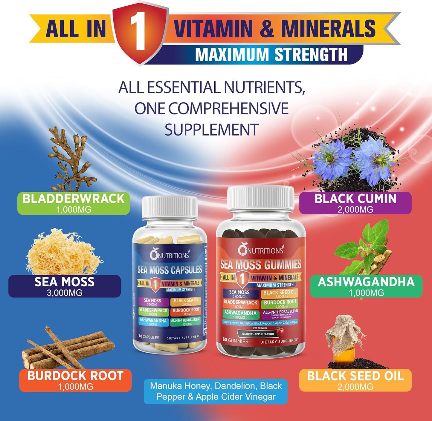 O Nutritons All-in-1 Supplement with Sea Moss, Black Seed Oil, Ashwagandha, and More: 3000mg Sea Moss, 2000mg Black Seed Oil, 1000mg Ashwagandha, Turmeric, Bladderwrack, Burdock, ACV, Black Pepper