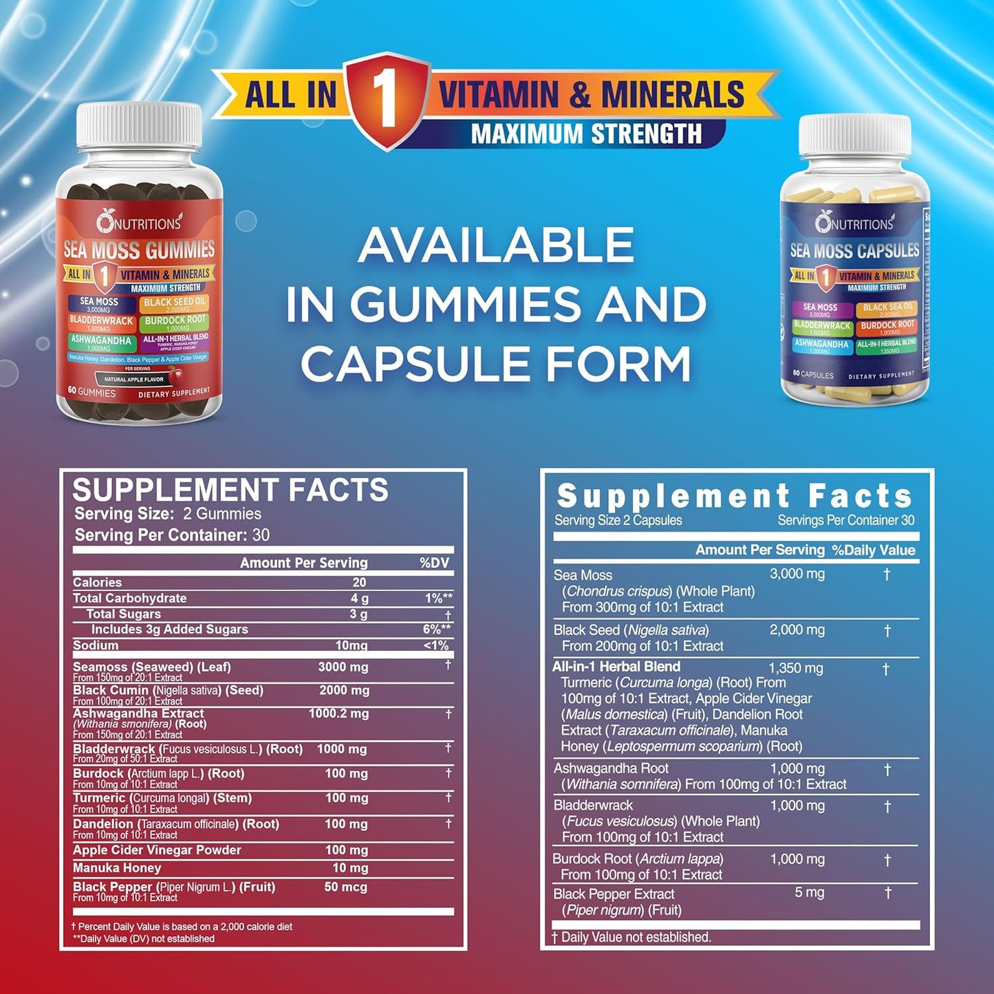 O Nutritons All-in-1 Supplement with Sea Moss, Black Seed Oil, Ashwagandha, and More: 3000mg Sea Moss, 2000mg Black Seed Oil, 1000mg Ashwagandha, Turmeric, Bladderwrack, Burdock, ACV, Black Pepper