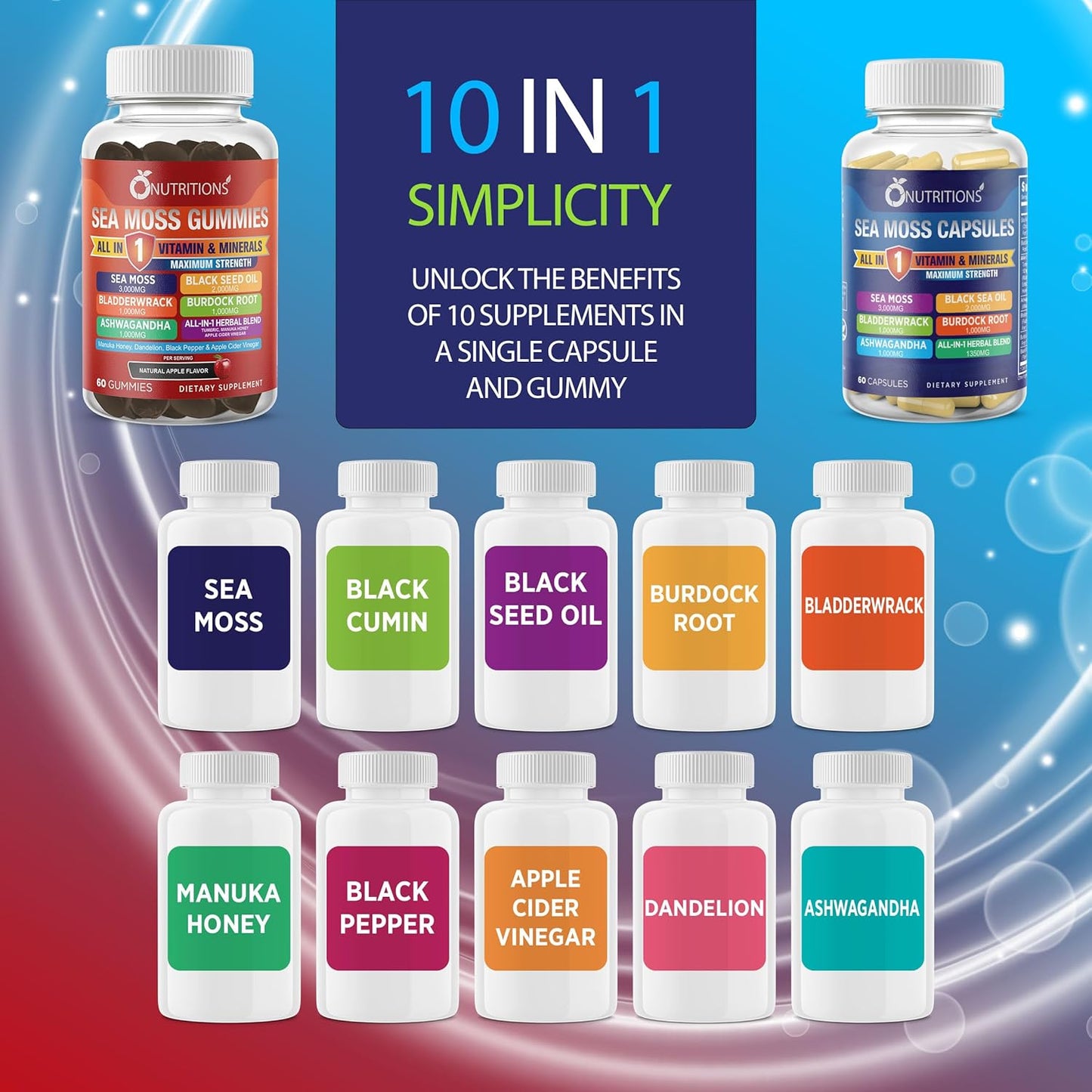 O Nutritons All-in-1 Supplement with Sea Moss, Black Seed Oil, Ashwagandha, and More: 3000mg Sea Moss, 2000mg Black Seed Oil, 1000mg Ashwagandha, Turmeric, Bladderwrack, Burdock, ACV, Black Pepper