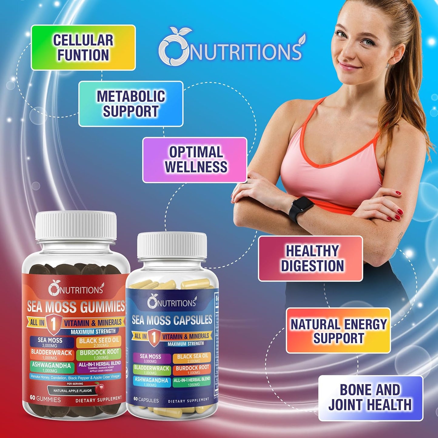 O Nutritons All-in-1 Supplement with Sea Moss, Black Seed Oil, Ashwagandha, and More: 3000mg Sea Moss, 2000mg Black Seed Oil, 1000mg Ashwagandha, Turmeric, Bladderwrack, Burdock, ACV, Black Pepper