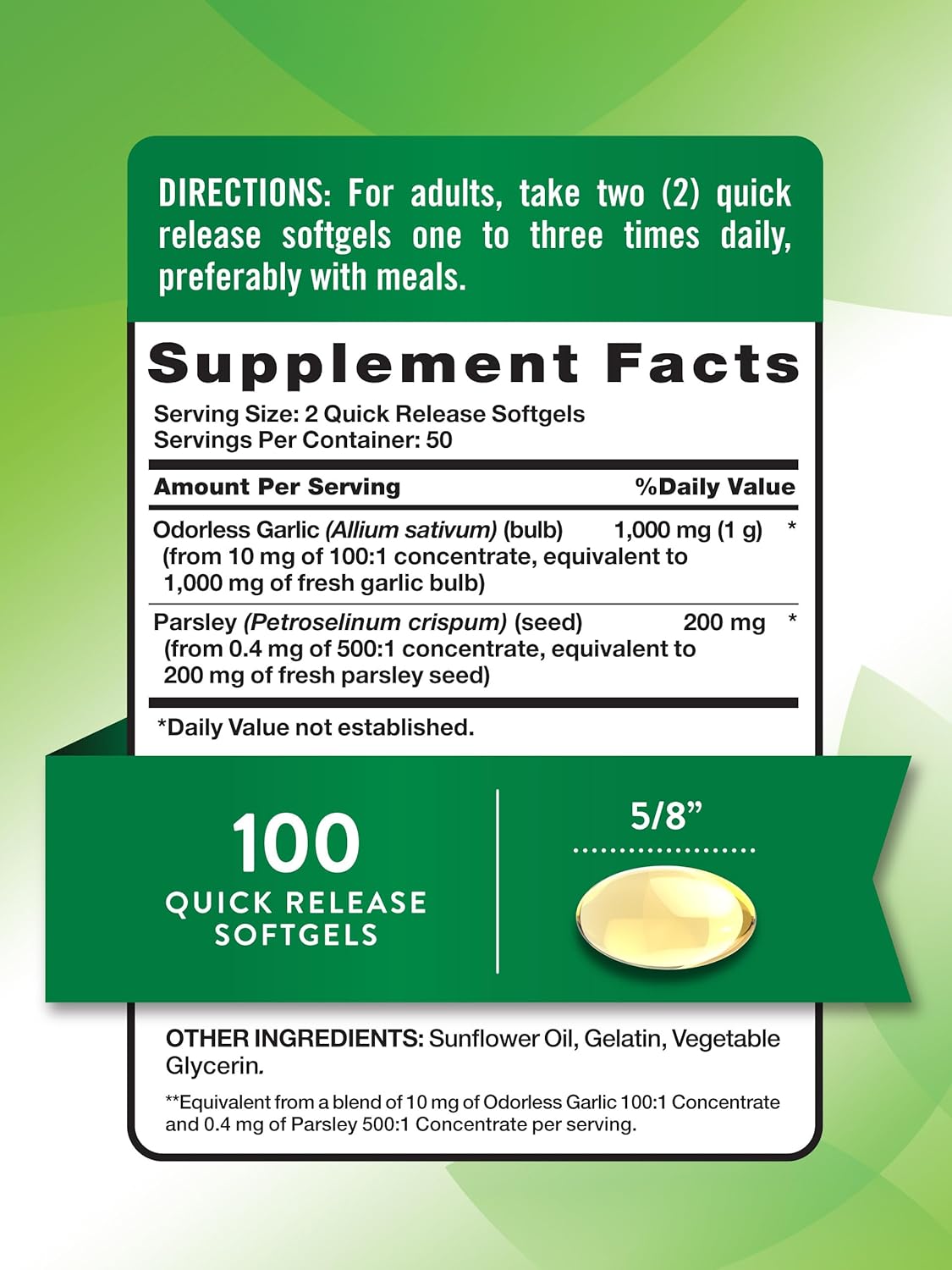 Odorless Garlic and Parsley Softgels - 1200mg - 100 Count - Non-GMO & Gluten Free