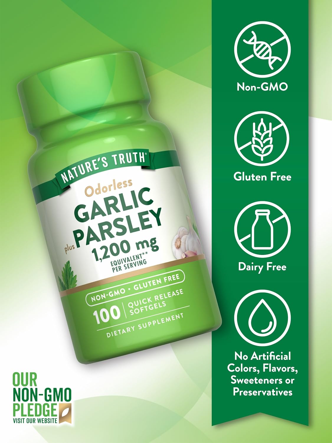 Odorless Garlic and Parsley Softgels - 1200mg - 100 Count - Non-GMO & Gluten Free