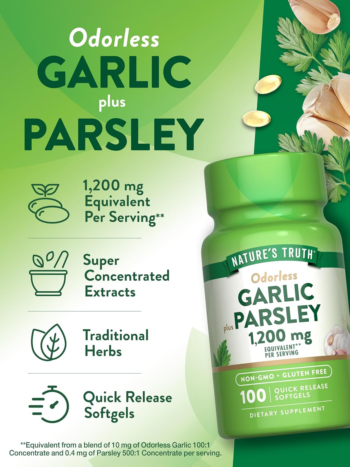 Odorless Garlic and Parsley Softgels - 1200mg - 100 Count - Non-GMO & Gluten Free