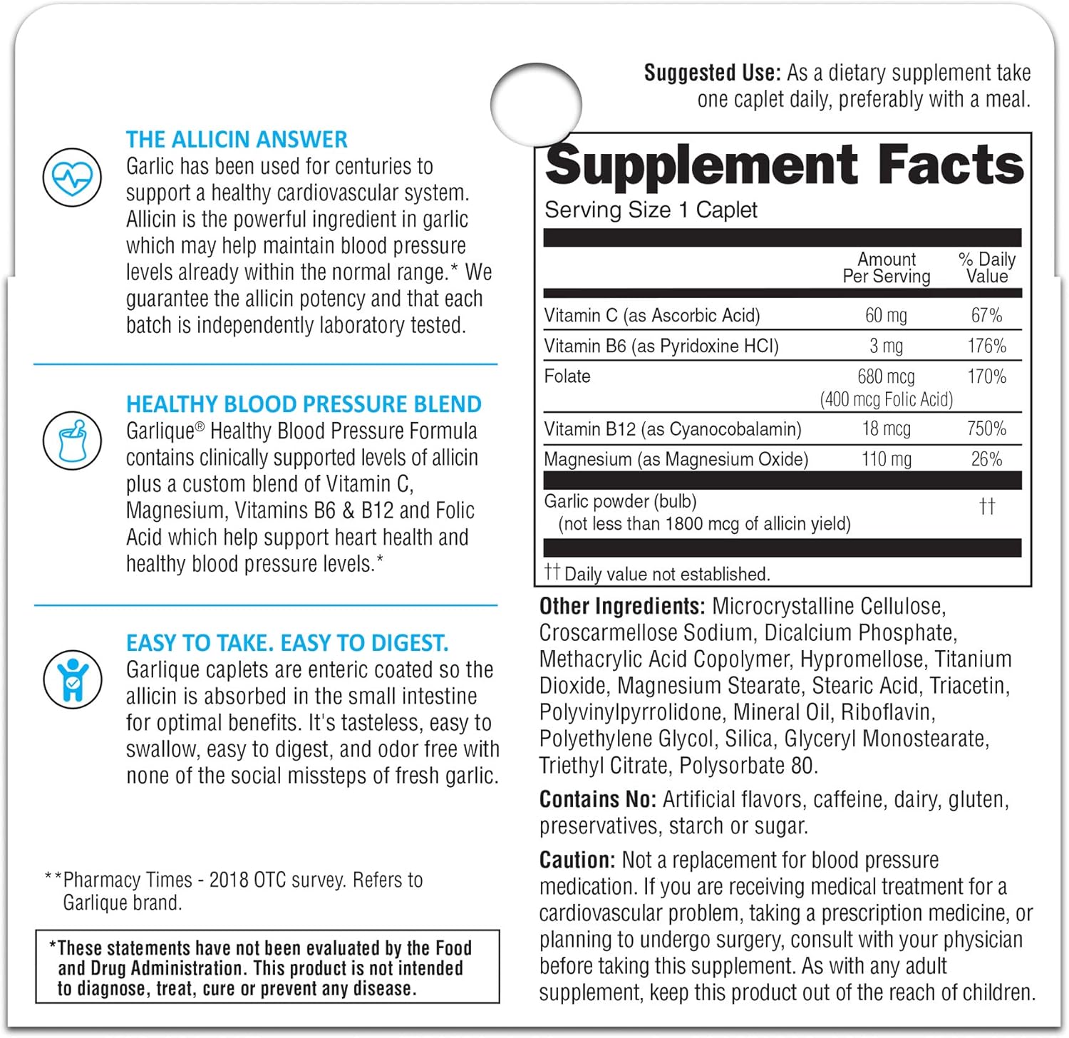 Odorless Vegan Garlic Extract Supplement for Healthy Blood Pressure - 60 Caplets