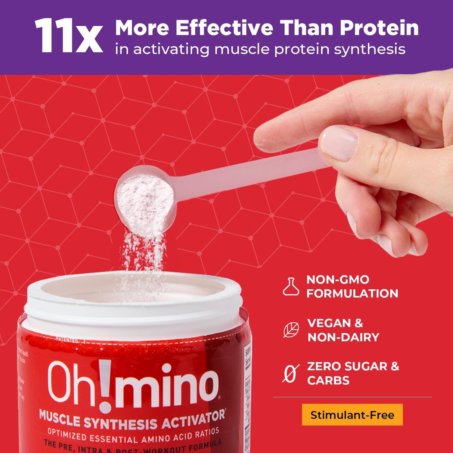 Oh!mino BCAA Amino Acids Powder Supplement - Vegan Muscle Gain Recovery Drink - Non Caffeine, Non Dairy, Zero Sugar - 280g, 40 Servings (Berry Blast)