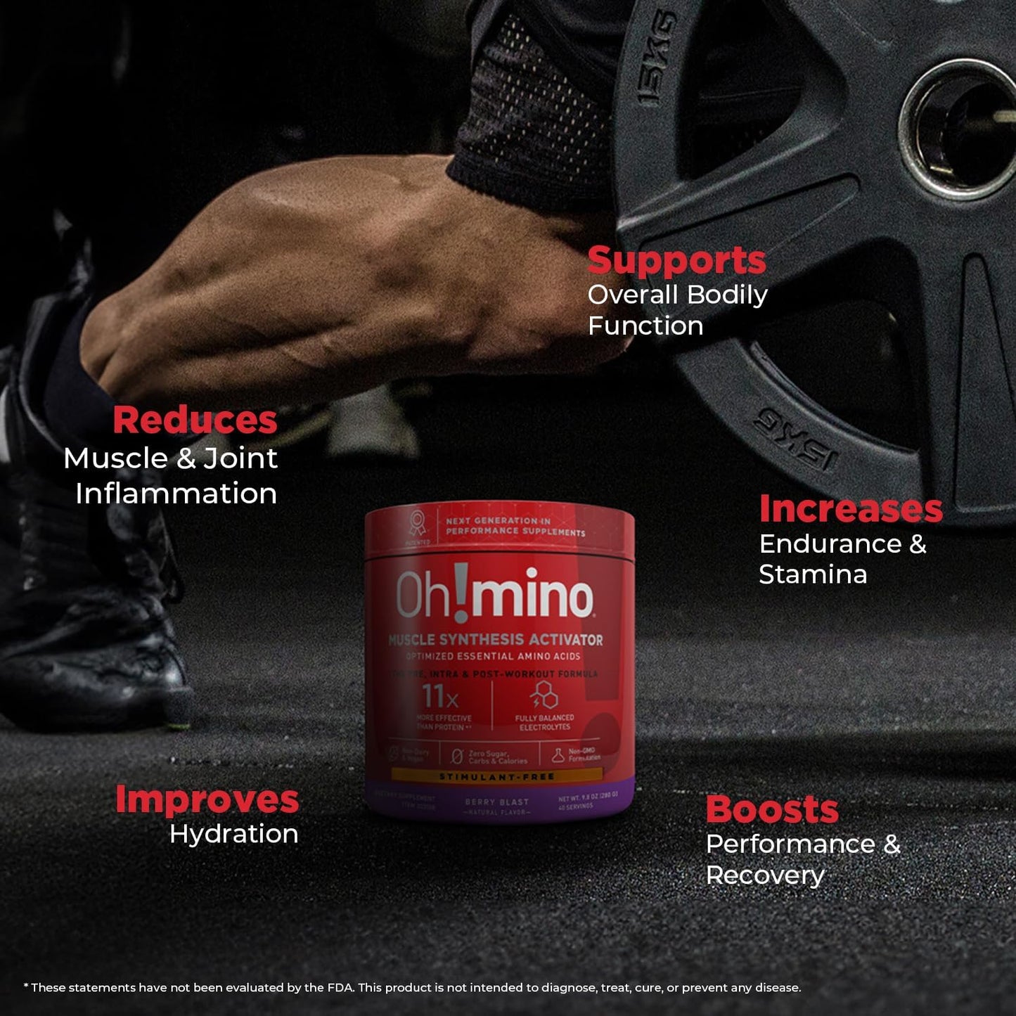 Oh!mino BCAA Amino Acids Powder Supplement - Vegan Muscle Gain Recovery Drink - Non Caffeine, Non Dairy, Zero Sugar - 280g, 40 Servings (Berry Blast)