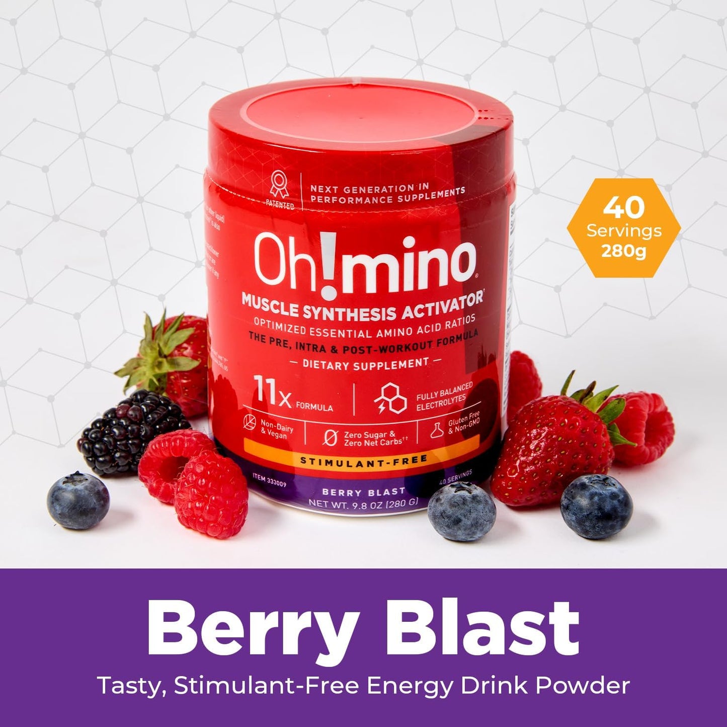 Oh!mino BCAA Amino Acids Powder Supplement - Vegan Muscle Gain Recovery Drink - Non Caffeine, Non Dairy, Zero Sugar - 280g, 40 Servings (Berry Blast)