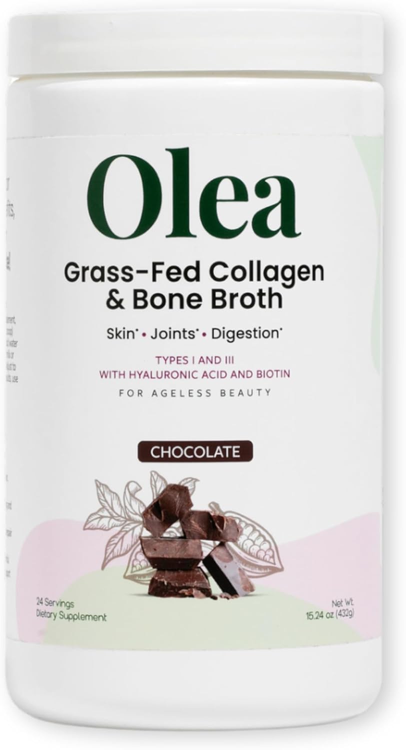 Olea Advanced Collagen & Bone Broth Powder - 10g Collagen, 5g Bone Broth, Hyaluronic Acid, MSM, Probiotics, Enzymes - Skin, Hair, Nails, Joints, Gut Health - Rich Chocolate Flavor