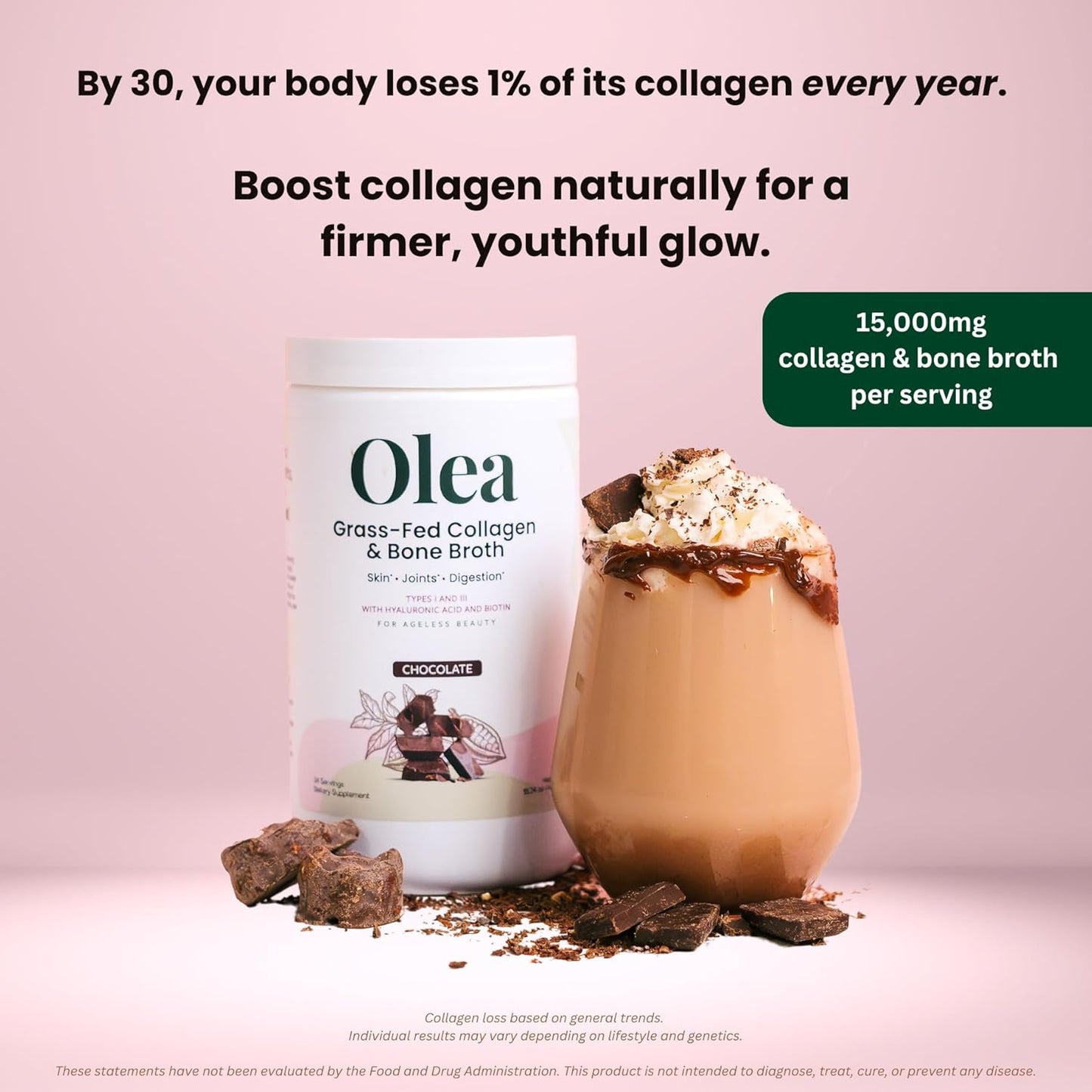 Olea Advanced Collagen & Bone Broth Powder - 10g Collagen, 5g Bone Broth, Hyaluronic Acid, MSM, Probiotics, Enzymes - Skin, Hair, Nails, Joints, Gut Health - Rich Chocolate Flavor