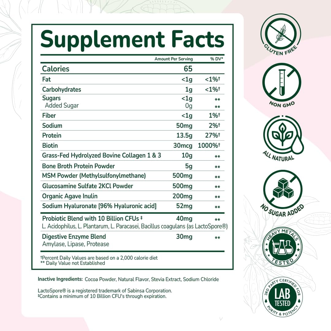 Olea Advanced Collagen & Bone Broth Powder - 10g Collagen, 5g Bone Broth, Hyaluronic Acid, MSM, Probiotics, Enzymes - Skin, Hair, Nails, Joints, Gut Health - Rich Chocolate Flavor