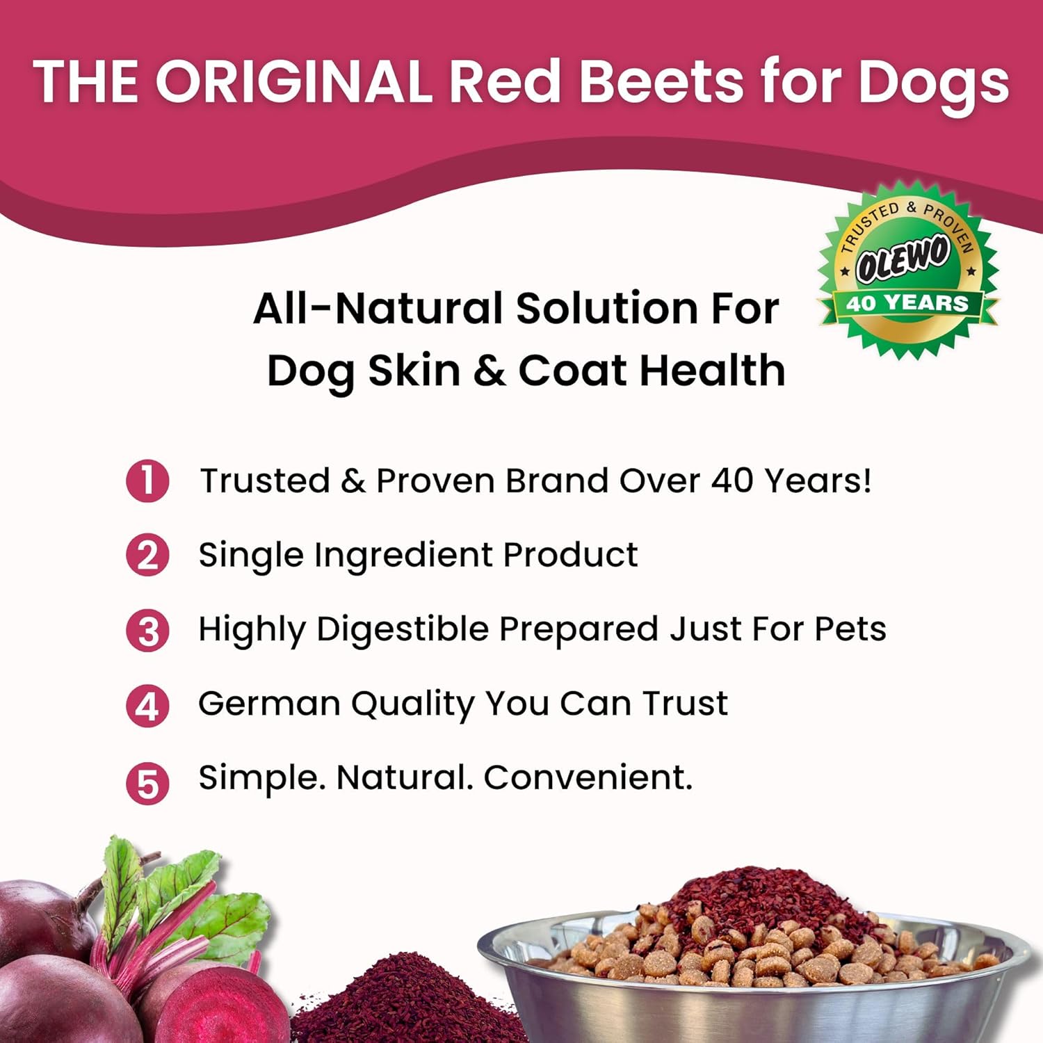 Olewo Original Red Beet Powder for Dogs - All-Natural Anti-Itch, Immune Support, Skin & Coat Health, Dog Food Topper, 1 lb