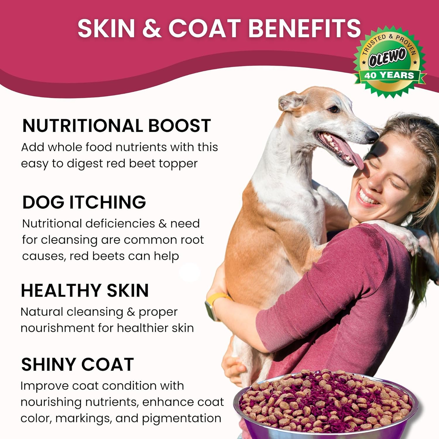 Olewo Original Red Beet Powder for Dogs - All-Natural Anti-Itch, Immune Support, Skin & Coat Health, Dog Food Topper, 1 lb