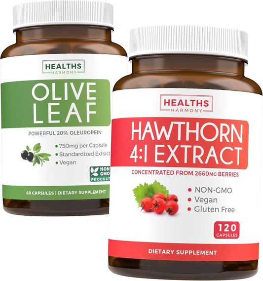 Olive Leaf Extract & Hawthorn Berry Bundle - High Quality Herbs - 20% Oleuropein Olive Leaf Extract & 4:1 Hawthorn Berry Extract - 2660mg Fresh Berries (120 Capsules)
