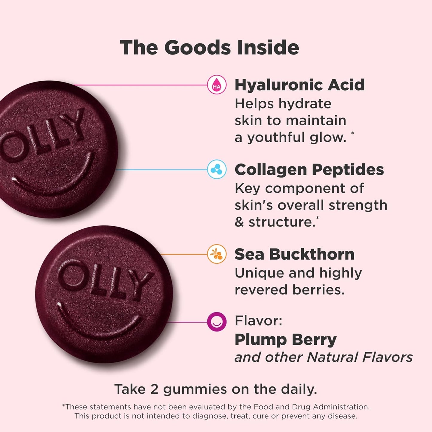 OLLY Glowing Skin Collagen Gummy with Hyaluronic Acid and Sea Buckthorn - Berry Flavor, 50 Count - 25 Day Supply
