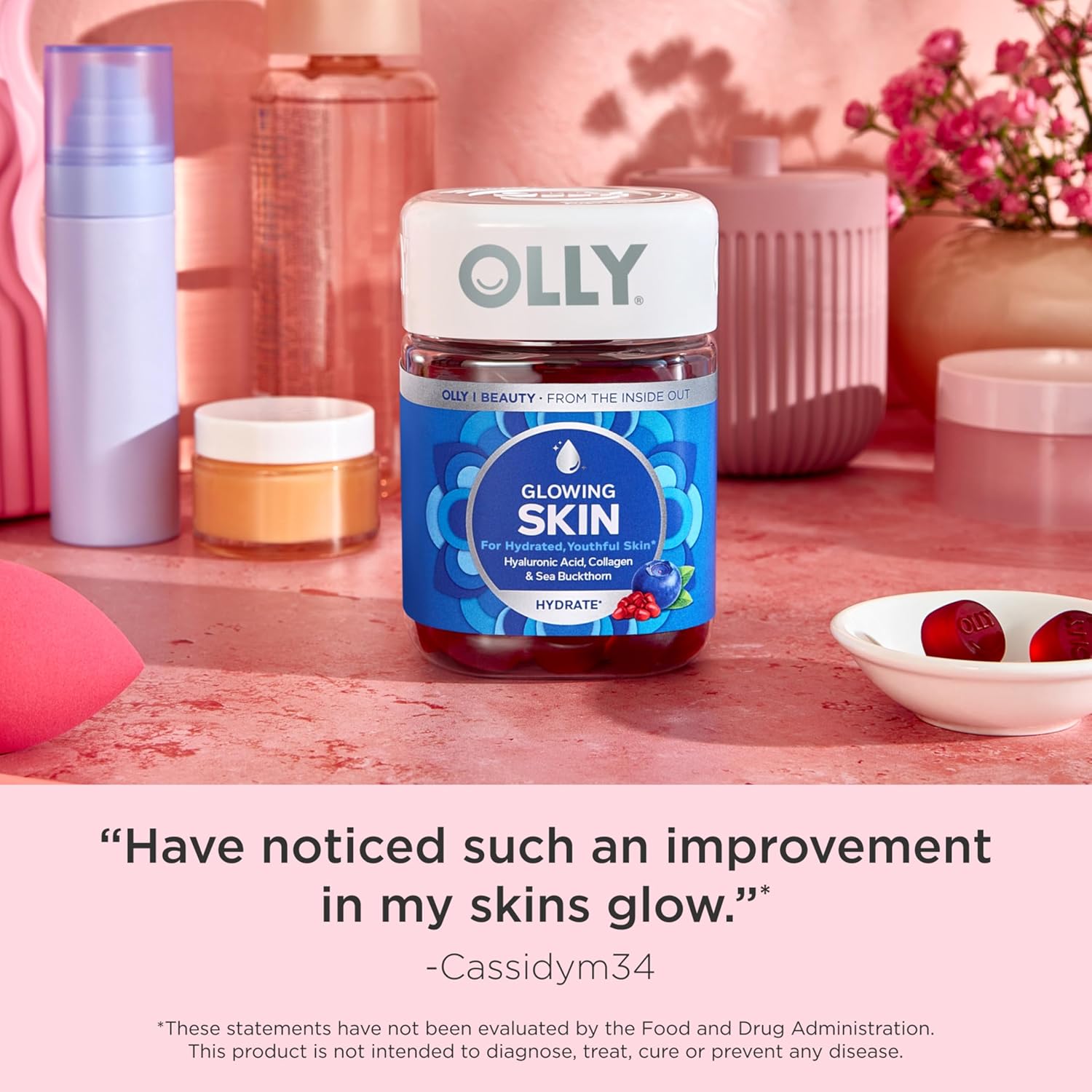 OLLY Glowing Skin Collagen Gummy with Hyaluronic Acid and Sea Buckthorn - Berry Flavor, 50 Count - 25 Day Supply