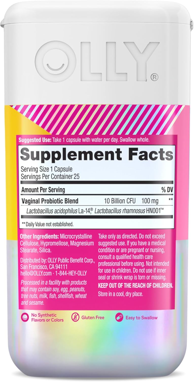 OLLY Happy Hoo-Ha Probiotic Capsules for Women, Supports Vaginal Health & pH Balance, 10 Billion CFU, Gluten-Free - 25 Count