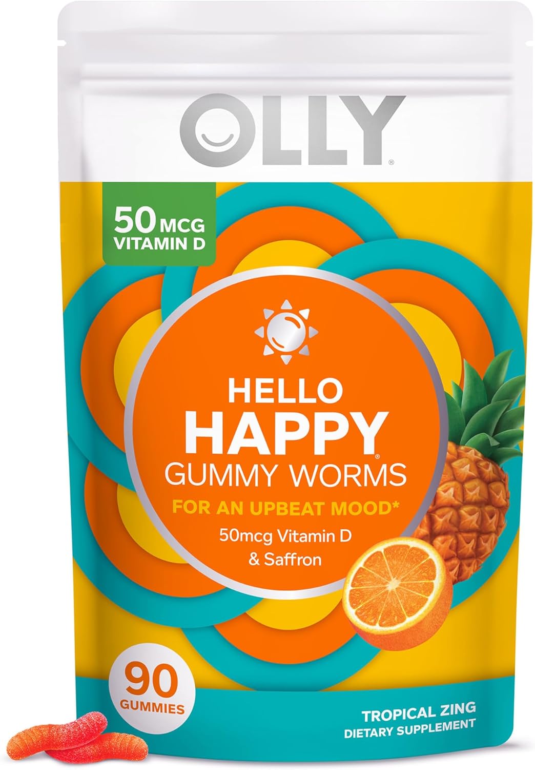 OLLY Hello Happy Gummy Worms: Mood Balance Support Supplement with Vitamin D and Saffron - 90 Count