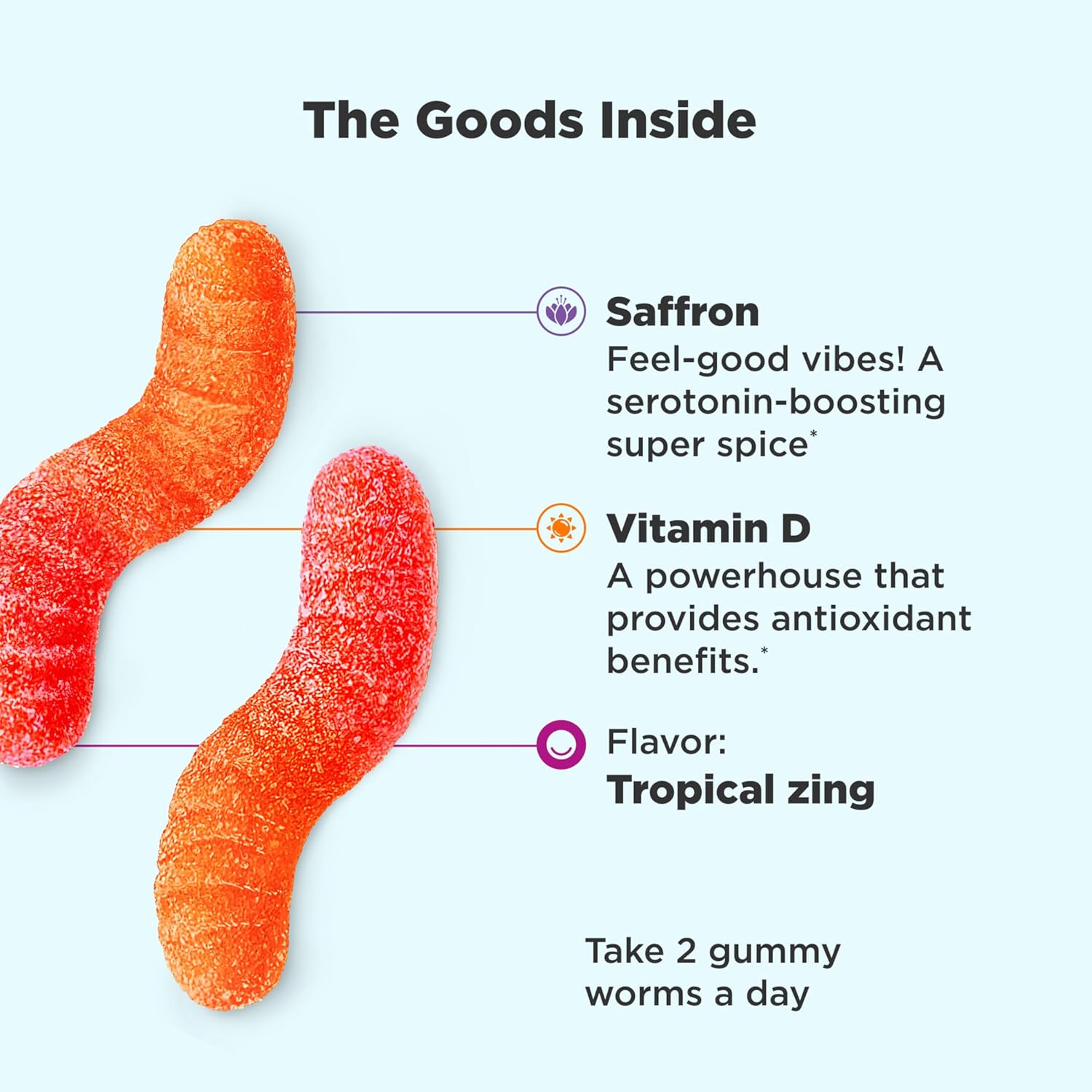 OLLY Hello Happy Gummy Worms: Mood Balance Support Supplement with Vitamin D and Saffron - 90 Count