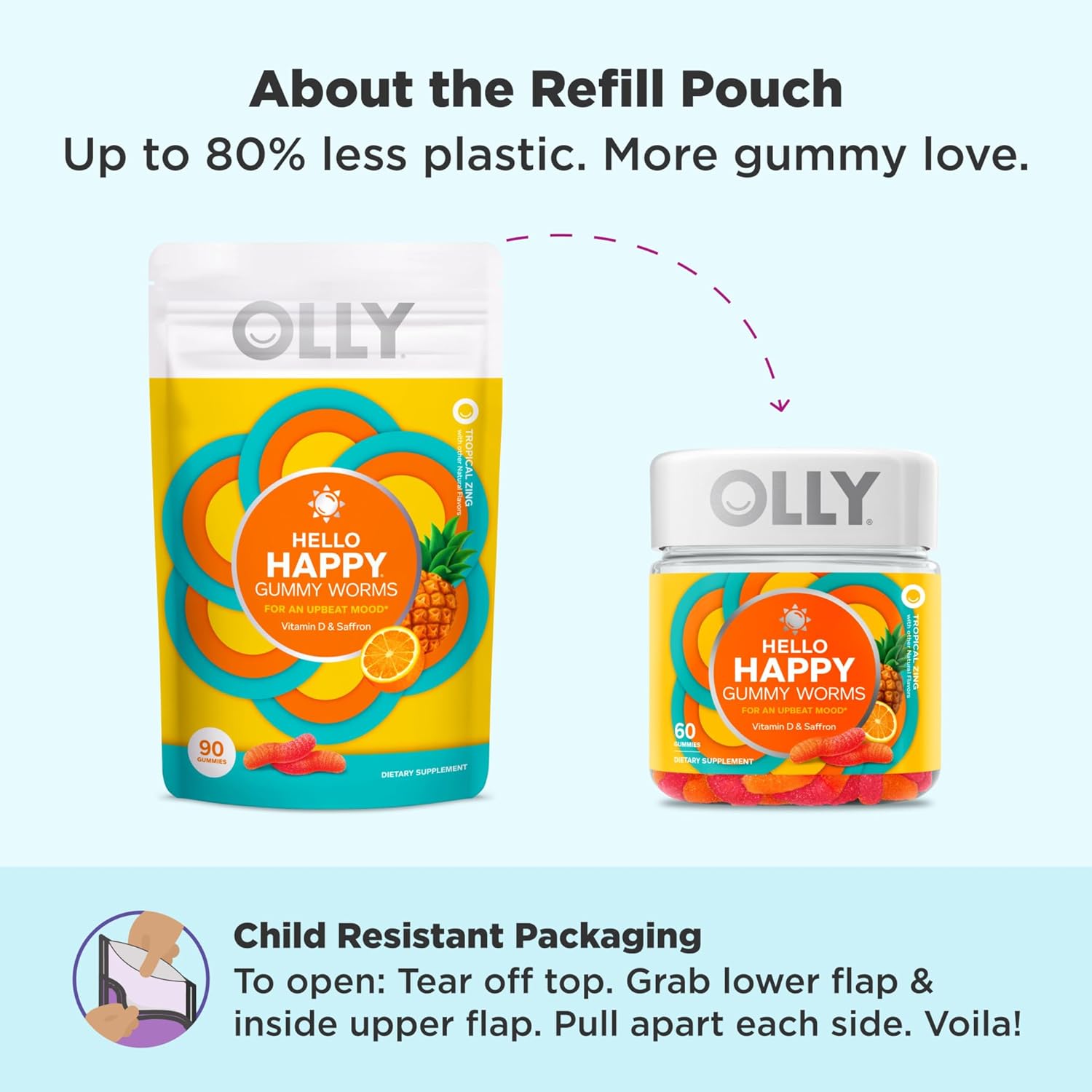 OLLY Hello Happy Gummy Worms: Mood Balance Support Supplement with Vitamin D and Saffron - 90 Count