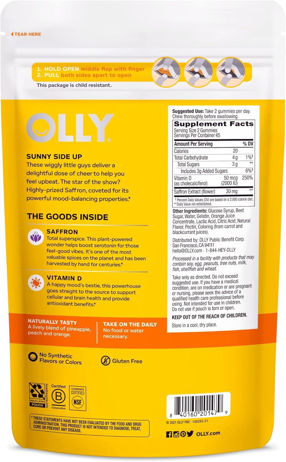OLLY Hello Happy Gummy Worms: Mood Balance Support Supplement with Vitamin D and Saffron - 90 Count