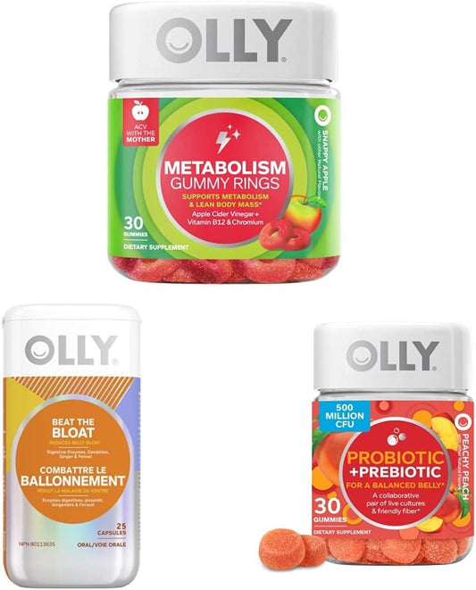 OLLY Metabolism Gummy Rings and Beat The Bloat Capsules Bundle - Energy, Digestive Health, Women's Support (55 Count)