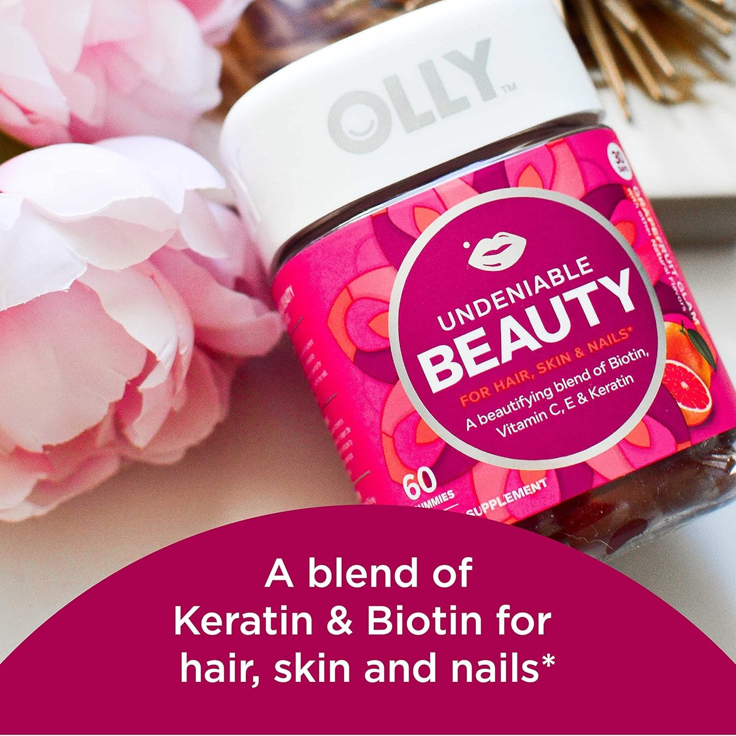 OLLY Undeniable Beauty Gummy with Vitamin B12, CoQ10, Goji Berry - Caffeine Free Gummy for Hair, Skin, Nails & Daily Energy