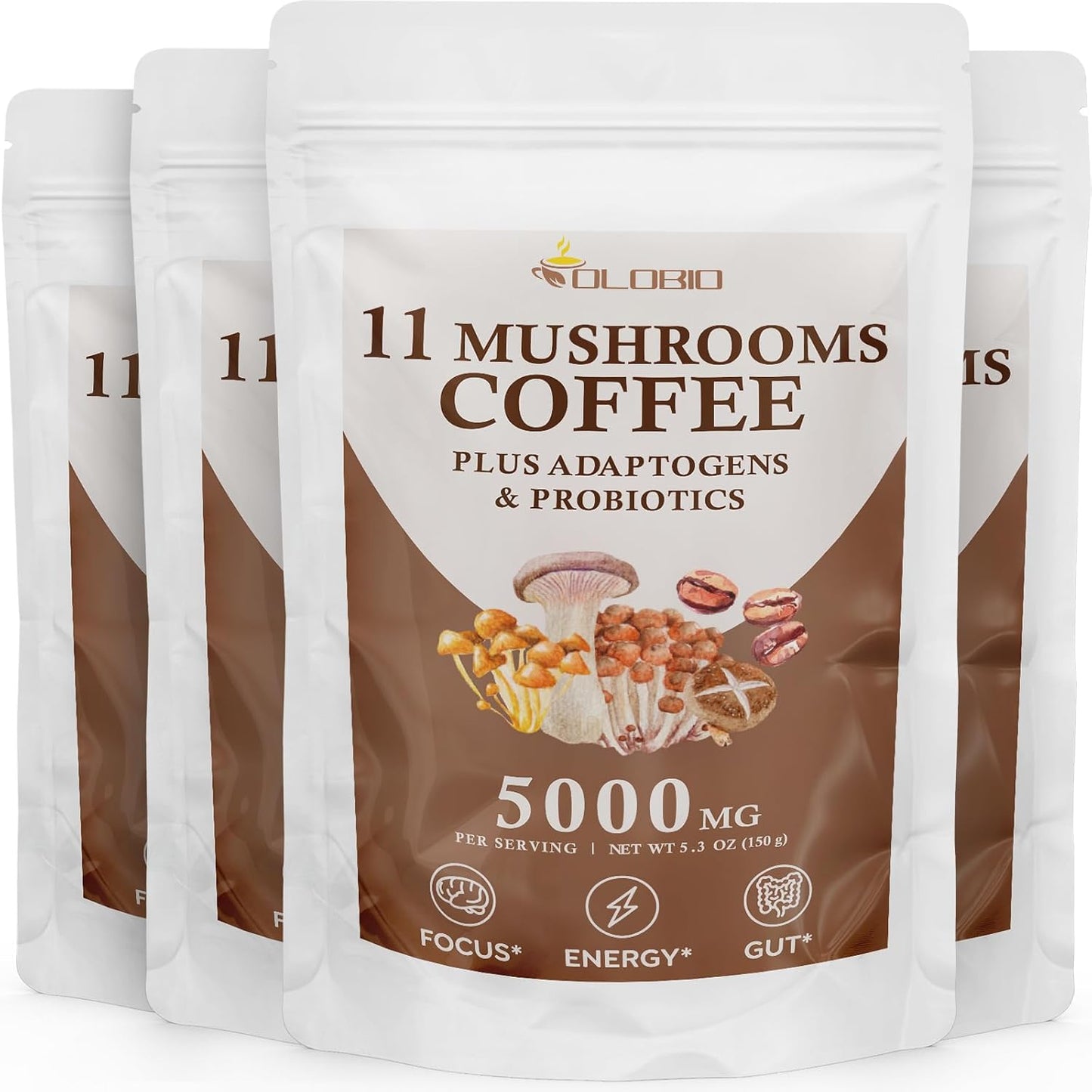 OLOBIO Mushroom Coffee Blend with 11 Organic Mushrooms, Adaptogens, Probiotics - Lion's Mane, Chaga, Reishi, Cordyceps, Instant Coffee for Focus, Energy, Gut Health, Digestion, Immunity - 4 Packs