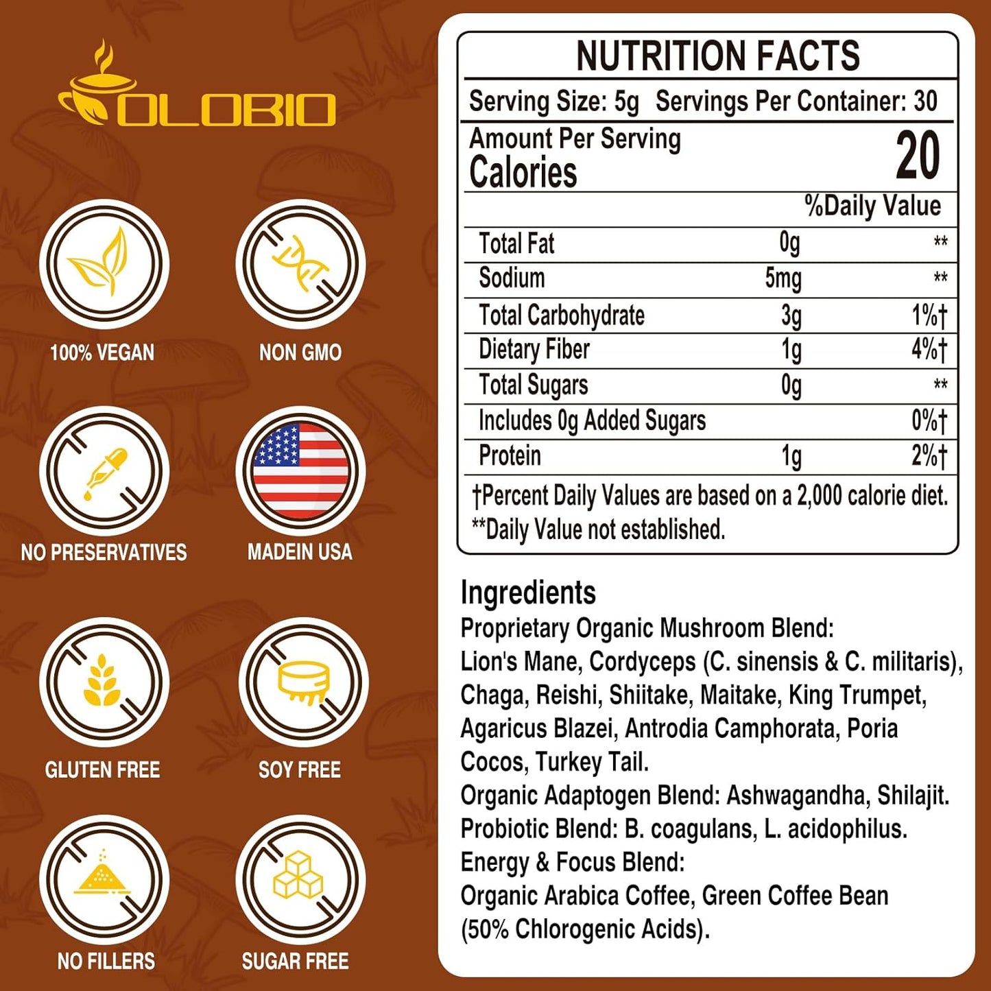 OLOBIO Mushroom Coffee Blend with 11 Organic Mushrooms, Adaptogens, Probiotics - Lion's Mane, Chaga, Reishi, Cordyceps, Instant Coffee for Focus, Energy, Gut Health, Digestion, Immunity - 4 Packs