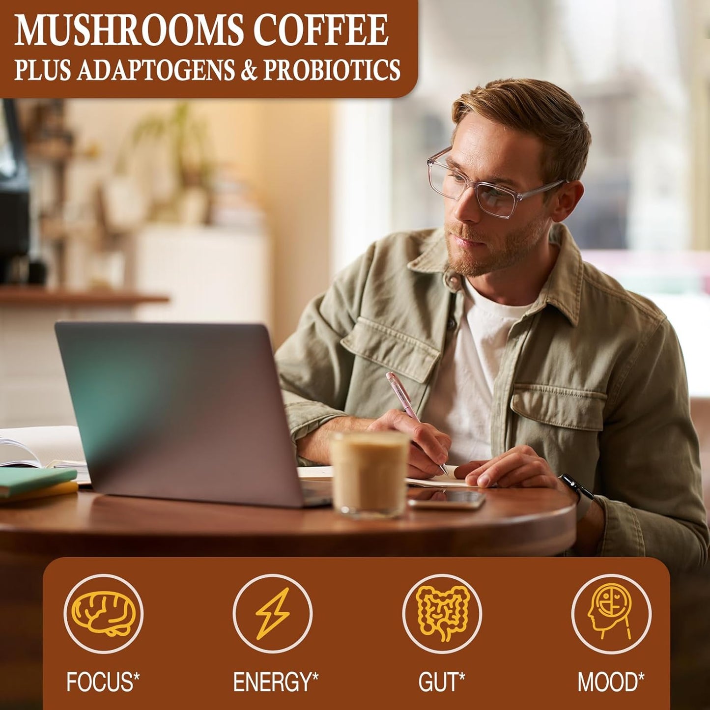 OLOBIO Mushroom Coffee Blend with 11 Organic Mushrooms, Adaptogens, Probiotics - Lion's Mane, Chaga, Reishi, Cordyceps, Instant Coffee for Focus, Energy, Gut Health, Digestion, Immunity - 4 Packs