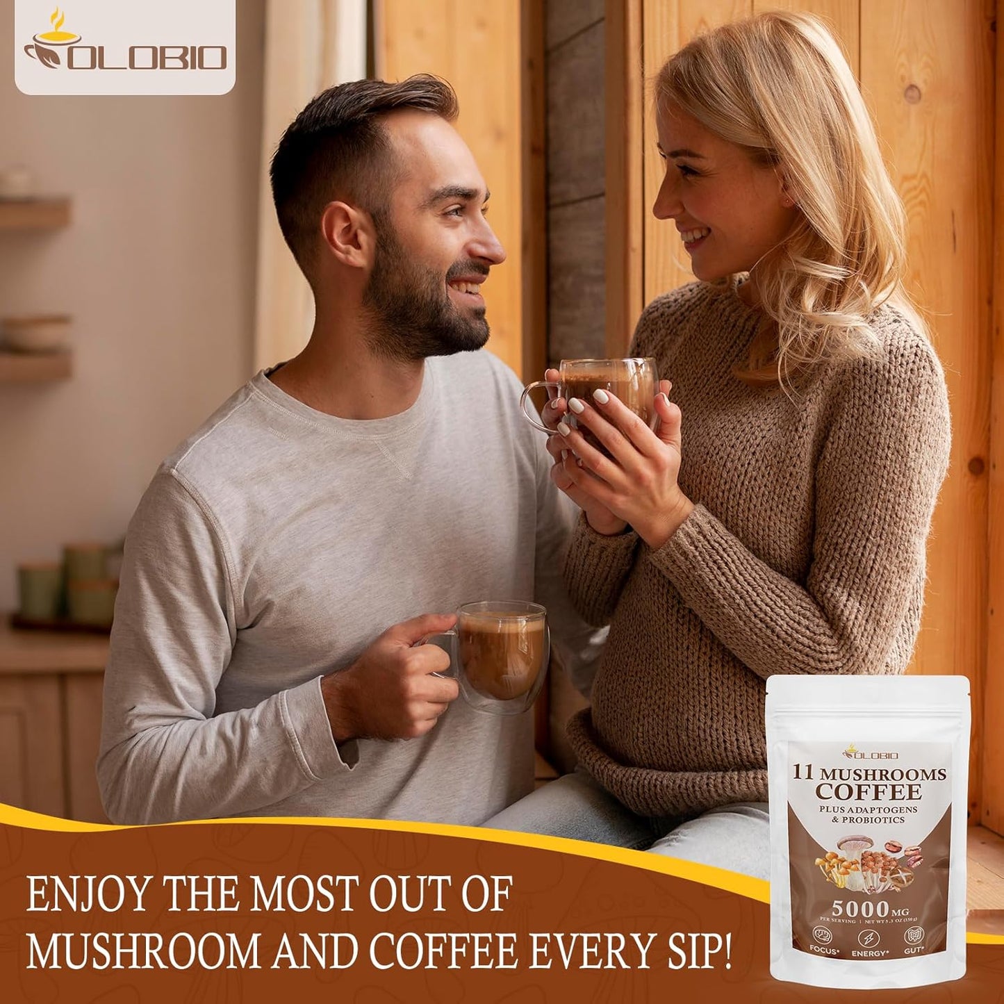 OLOBIO Mushroom Coffee Blend with 11 Organic Mushrooms, Adaptogens, Probiotics - Lion's Mane, Chaga, Reishi, Cordyceps, Instant Coffee for Focus, Energy, Gut Health, Digestion, Immunity - 4 Packs