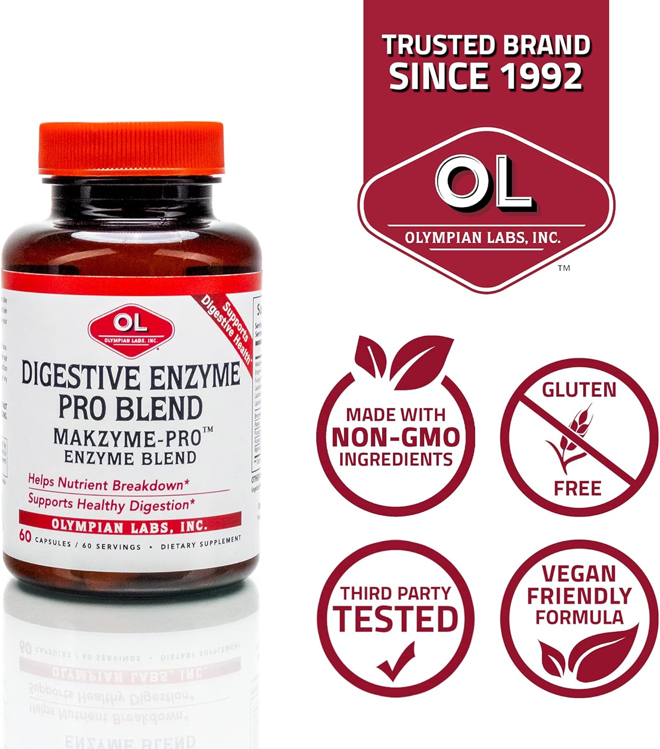 Olympian Labs Makzyme-Pro Enzymes - 60 Capsules, Breaks Down Proteins, Carbs, Fats, Oil & Milk - 60 Servings