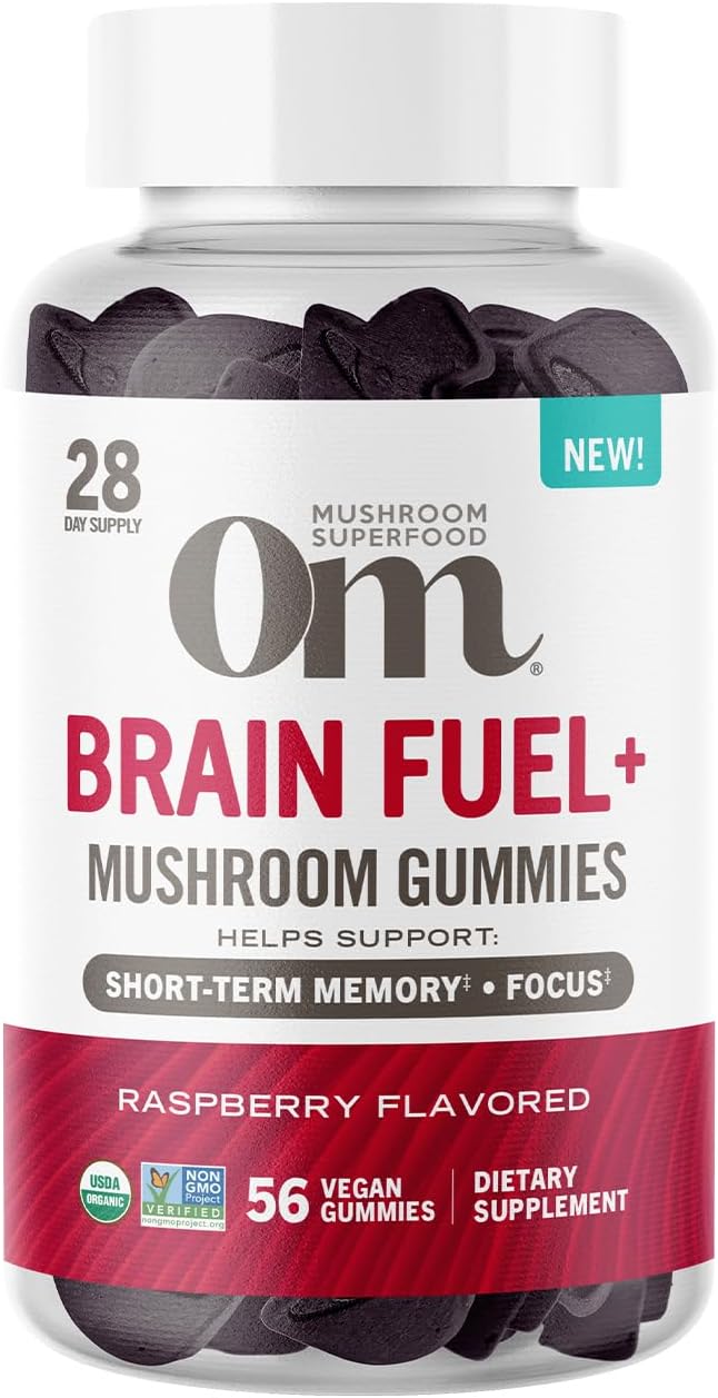 OM Mushroom Superfood Brain Fuel+ Gummies - Memory & Focus Support with Lion's Mane & Reishi - Raspberry Supplements, 28 Servings