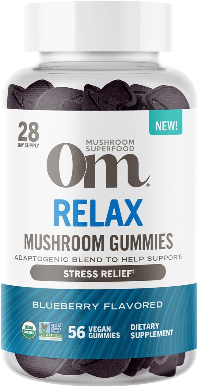OM Mushroom Superfood Relax Gummies - Reishi & Ashwaganda Extract, Blueberry Supplements for Stress Relief Support, 28 Servings