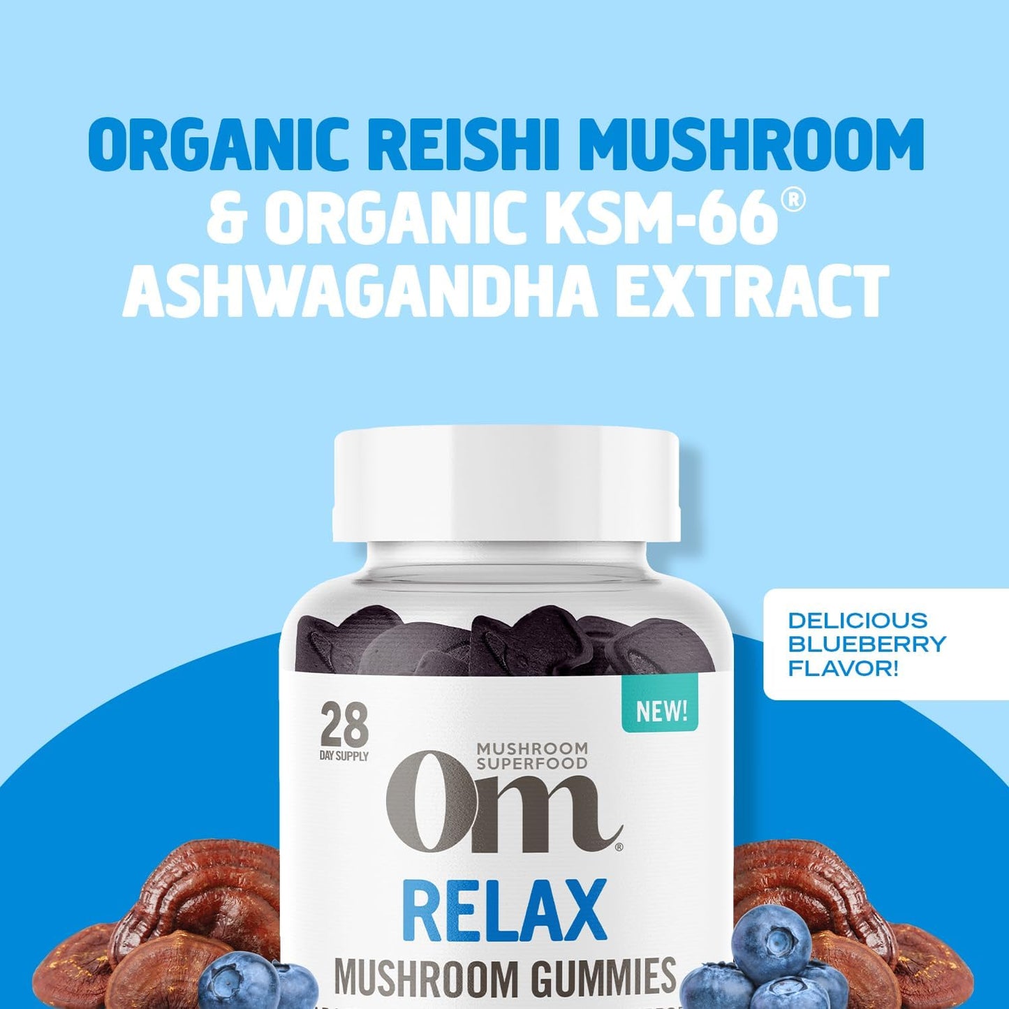 OM Mushroom Superfood Relax Gummies - Reishi & Ashwaganda Extract, Blueberry Supplements for Stress Relief Support, 28 Servings