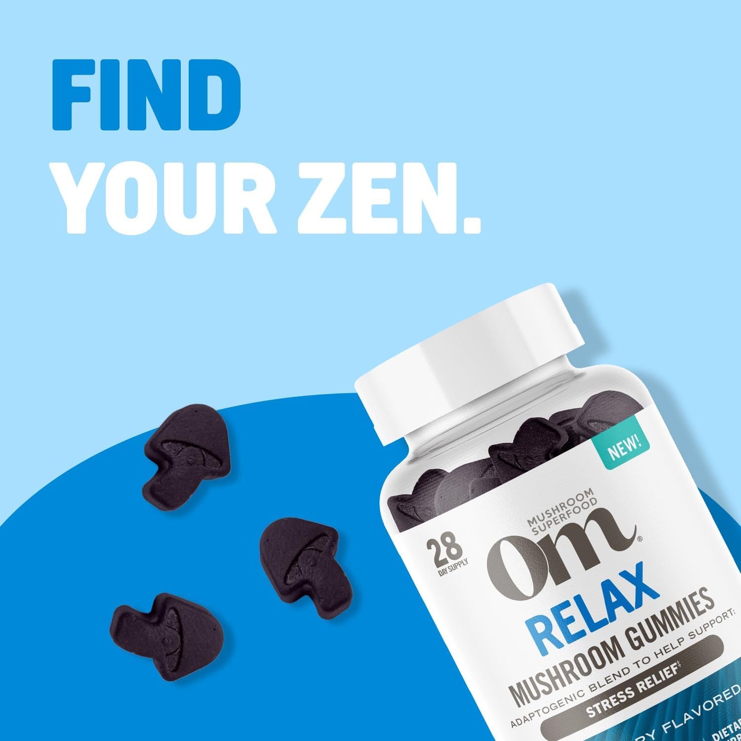 OM Mushroom Superfood Relax Gummies - Reishi & Ashwaganda Extract, Blueberry Supplements for Stress Relief Support, 28 Servings