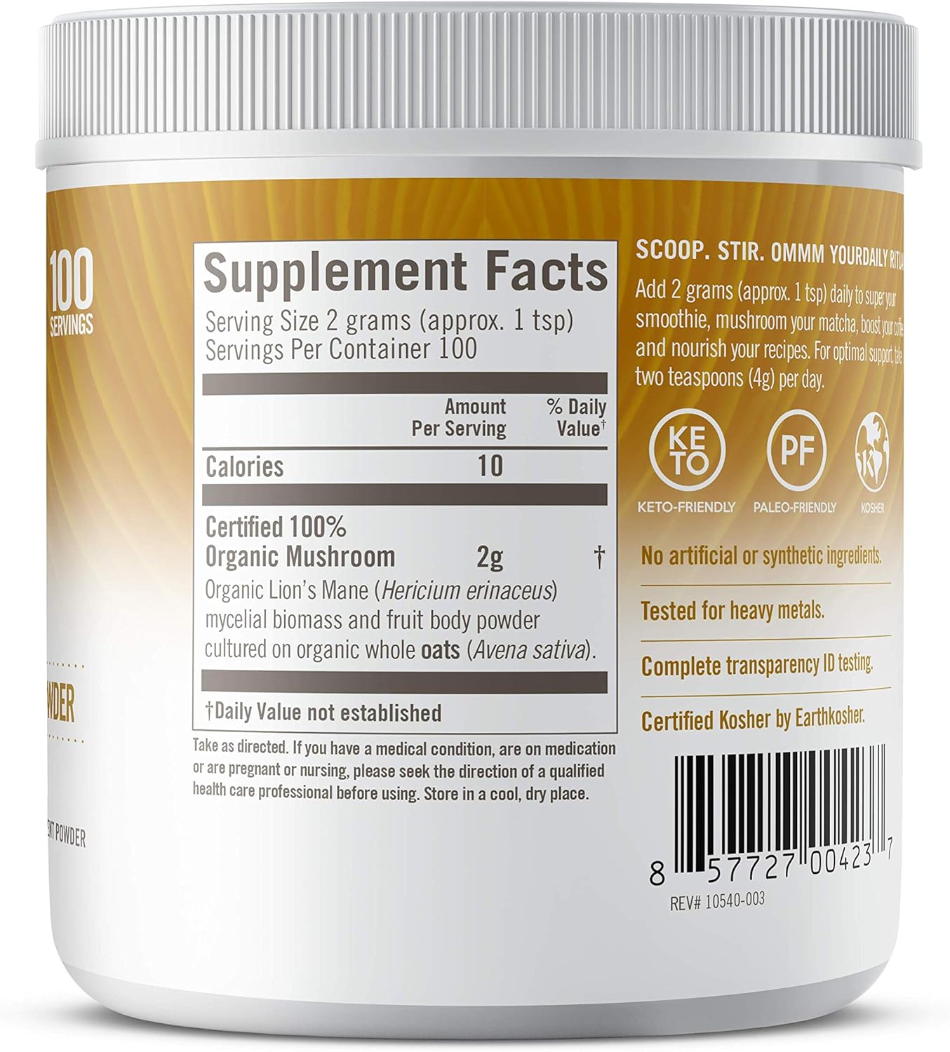Om Organic Mushroom Nutrition Lion's Mane: Memory, Focus, Nerve Health Supplement - 100 Servings - 7.14oz (200g)