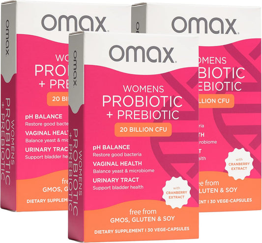 Omax Women's Probiotic + Prebiotic with Cranberry & Chicory Root - 20 Billion CFU, 90 Vege Capsules, 6 Strains for Vaginal Health, UTI, Bloating