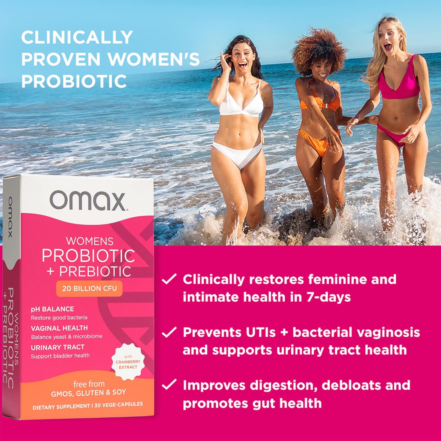 Omax Women's Probiotic + Prebiotic with Cranberry & Chicory Root - 20 Billion CFU, 90 Vege Capsules, 6 Strains for Vaginal Health, UTI, Bloating