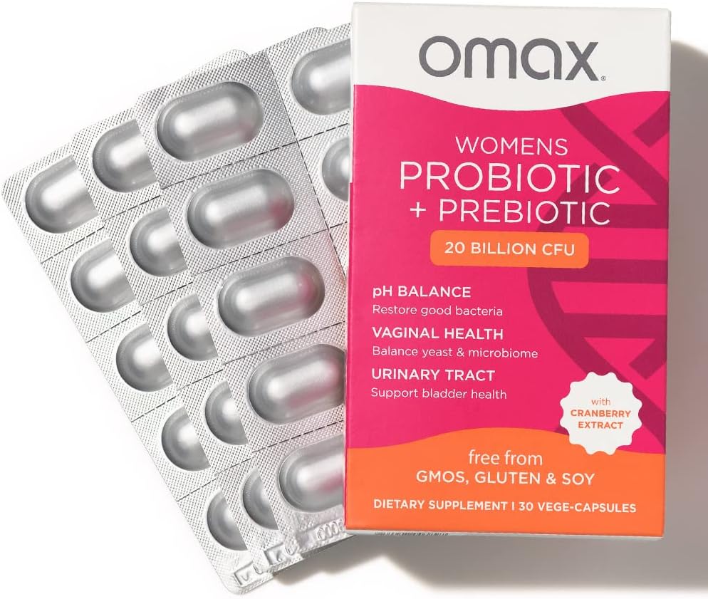 Omax Women's Probiotic + Prebiotic with Cranberry & Chicory Root - 20 Billion CFU, 90 Vege Capsules, 6 Strains for Vaginal Health, UTI, Bloating
