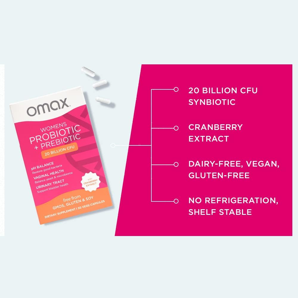 Omax Women's Probiotic + Prebiotic with Cranberry & Chicory Root - 20 Billion CFU, 90 Vege Capsules, 6 Strains for Vaginal Health, UTI, Bloating