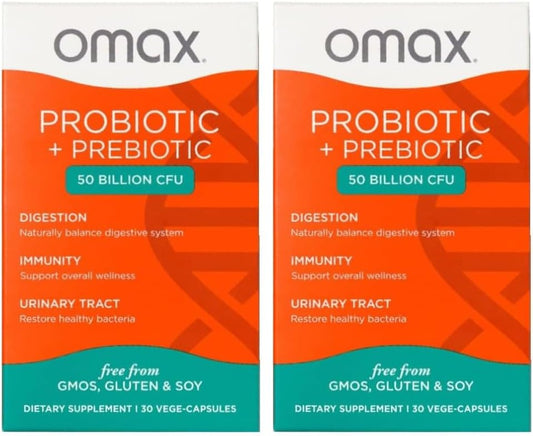 Omax3 Prebiotic & Probiotic 50 Billion CFU with Chicory Inulin - 10 Strain Formula for Digestive Health - Vegan, Dairy & Gluten Free - Blister Packaged (2 Pack)