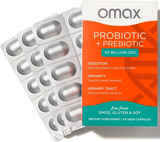Omax3 Prebiotic & Probiotic Supplement with 50 Billion CFU, 10 Strains, Chicory Inulin - Reduce Bloating, Digestion Issues, Leaky Gut, and More - Vegan, Dairy-Free, Gluten-Free - Blister Packaged