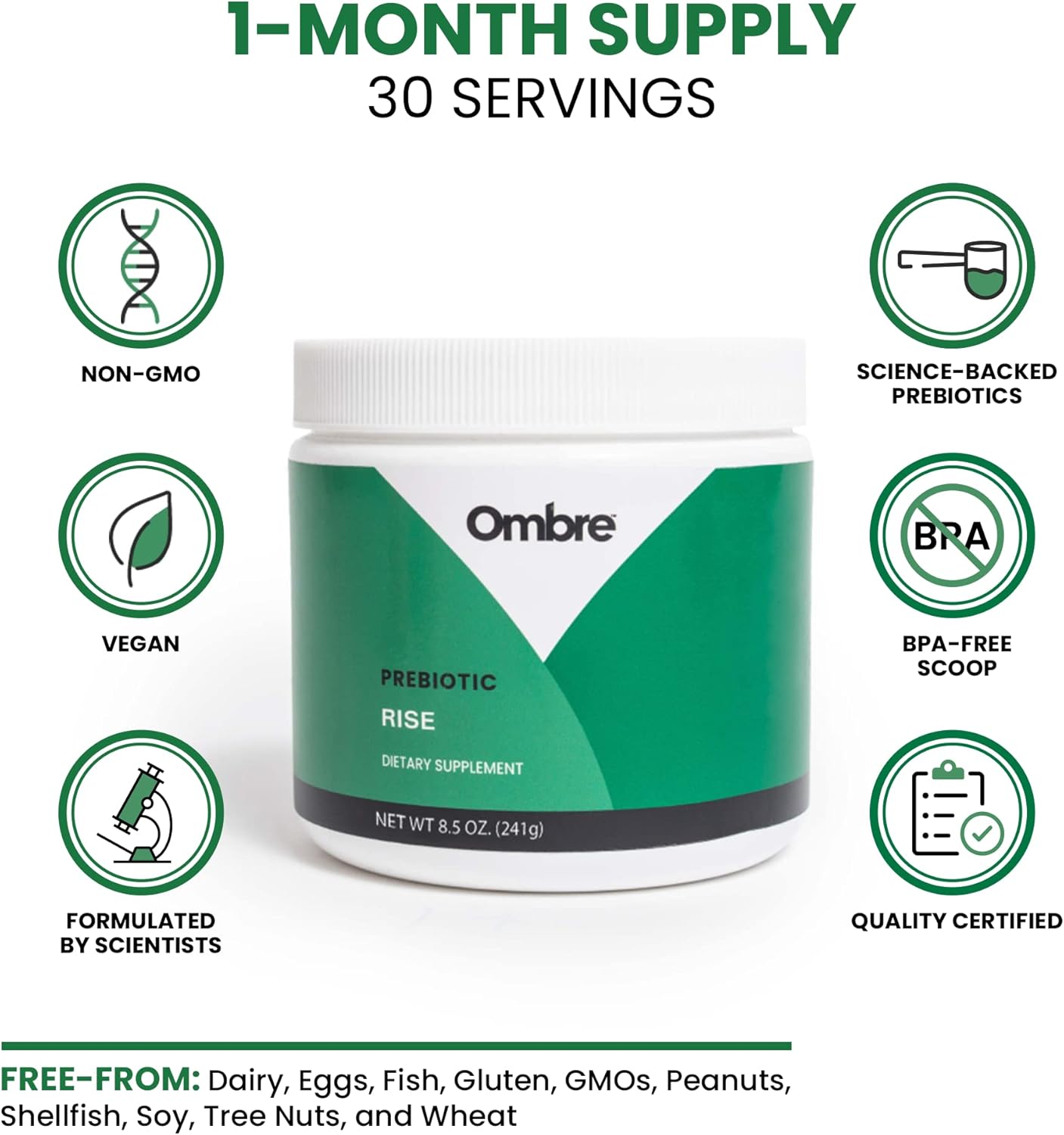 Ombre Rise Prebiotic Powder Fiber Supplement for Digestive Regularity & Wellness - Water Soluble, Fast-Absorbing, Gentle on Stomach - 8.5oz Tub, 30 Servings
