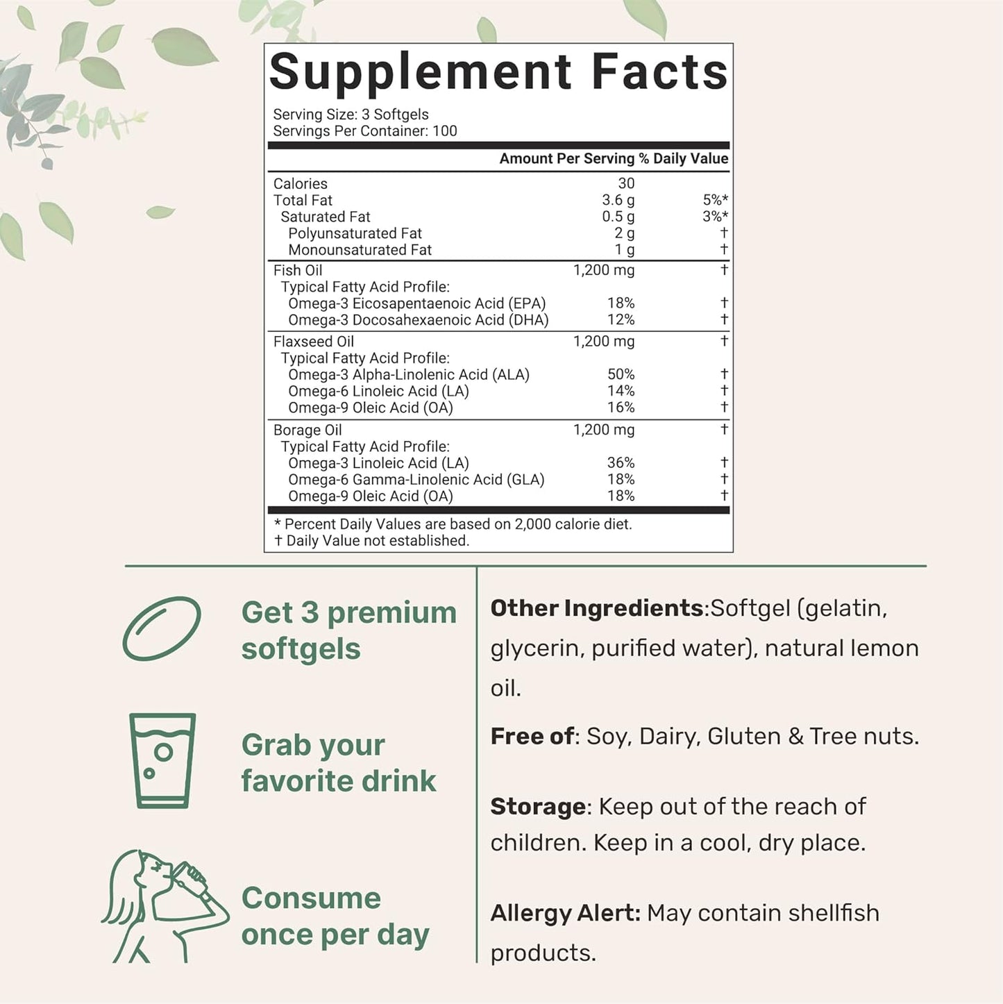 Omega 3-6-9 Blend Softgels 3600mg, 300 Count - Lemon Flavored Supplement with Fish, Flaxseed, Borage Oils - Non-GMO, Gluten-Free, Mercury-Free